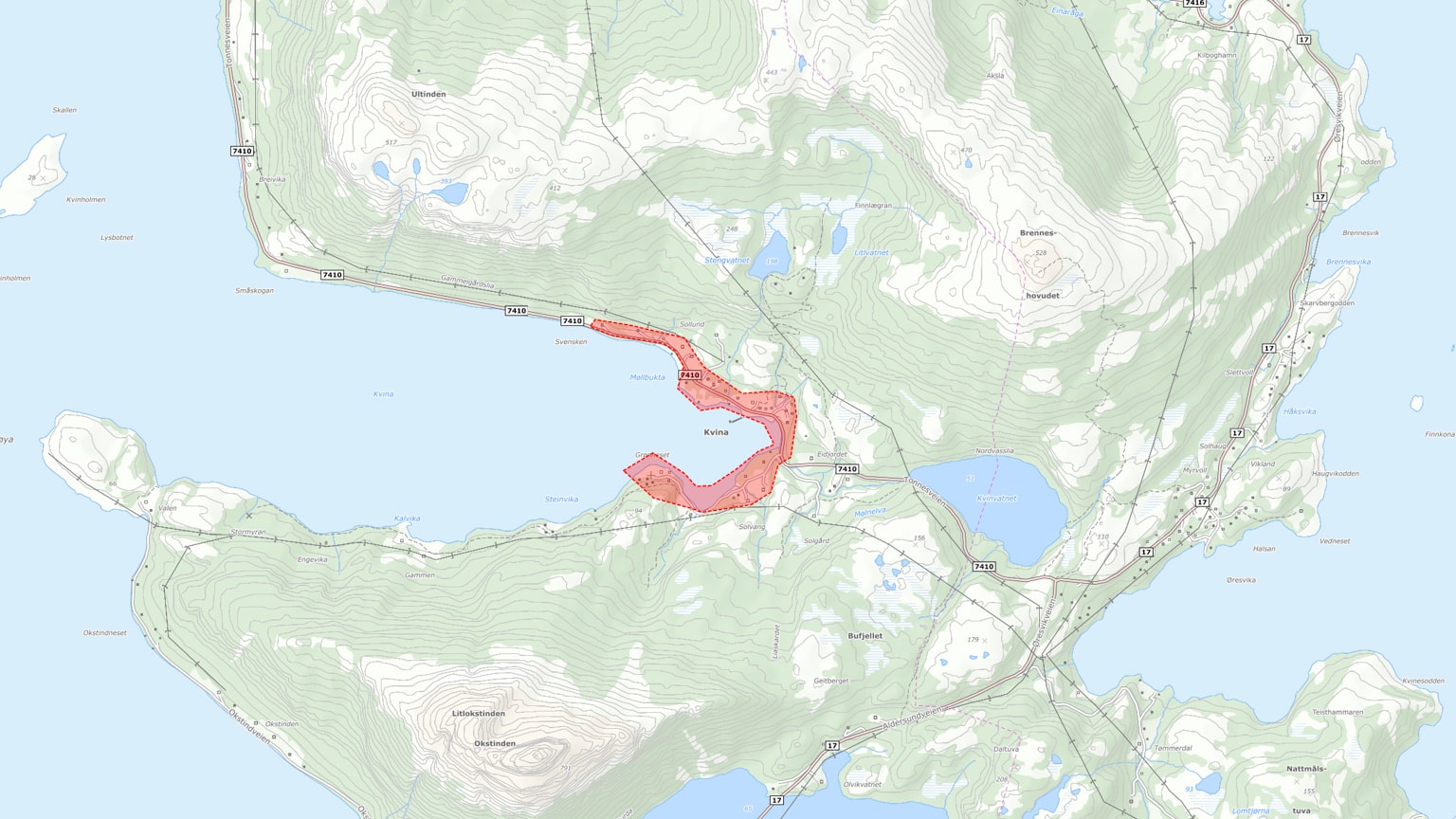 Kartutsnitt over prosjektområdet Kvina, Lurøy kommune