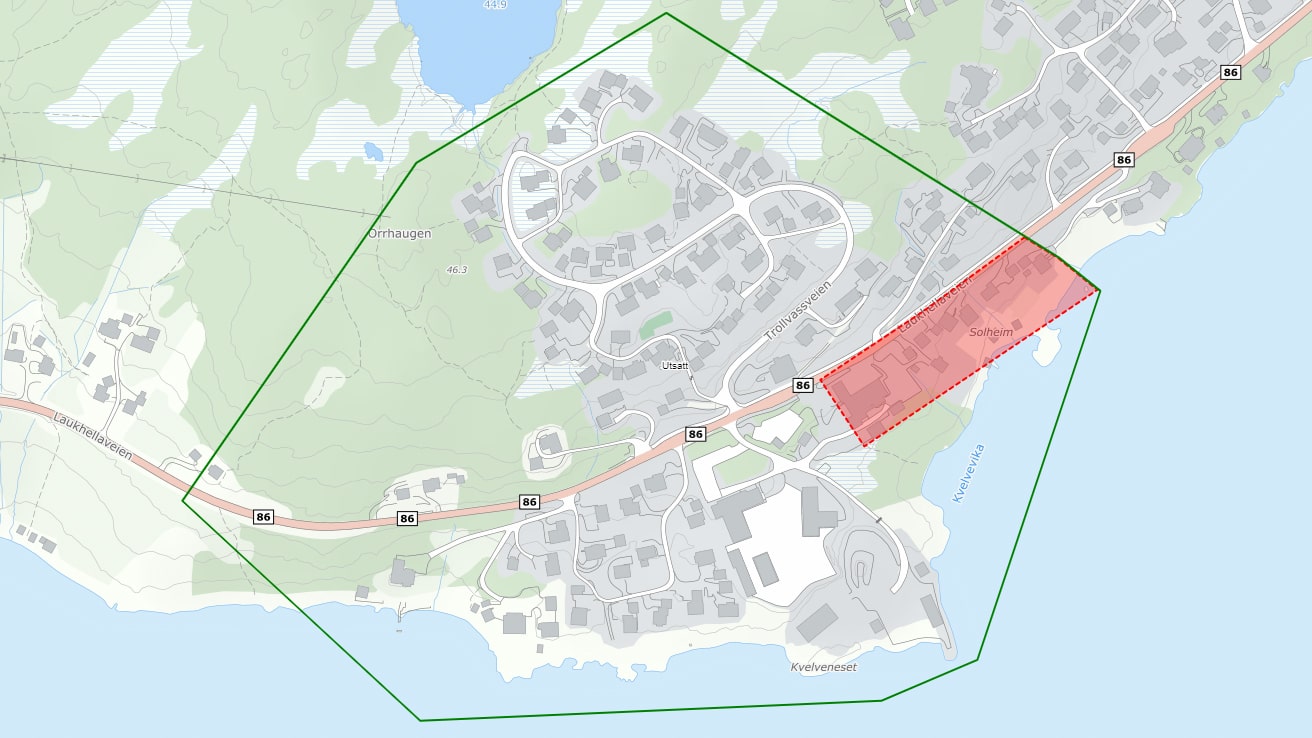 Kartutsnitt Silsand Sør - Solheim markert i rødt