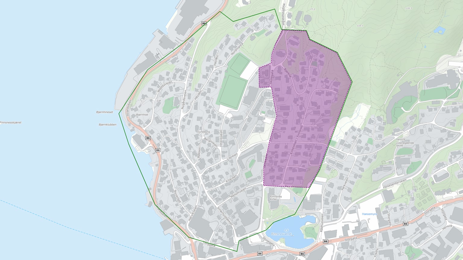 Kartutsnitt over prosjektområdet Finnsnes Vest. Et område er markert i lilla, og viser området hvor installasjoner og oppkoblinger vil finne sted i november.